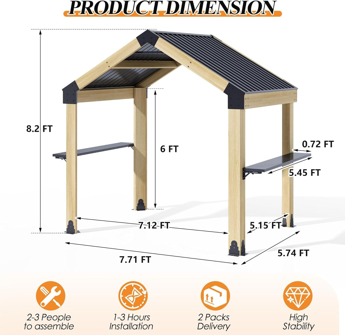 Tonnelle de barbecue d'extérieur avec toit rigide 2,3x1,7 m