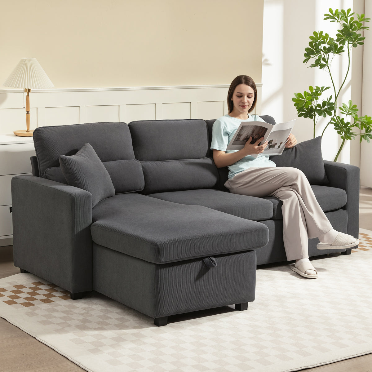 Canapé d'angle convertible en velours côtelé, canapé-lit 3 places avec rangement caché, coussins, 205x135x76cm, gris