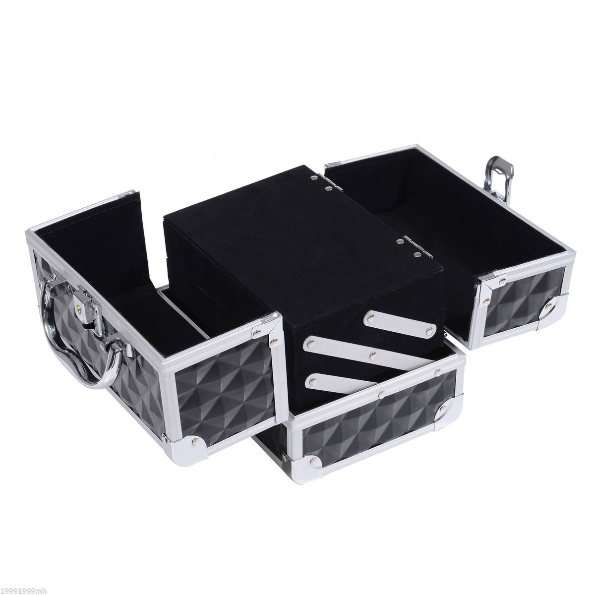 Mallette de maquillage de rangement à 3 niveaux avec miroir, verrouillable avec 2 clés, dim. 20L x 15l x 15H cm noir