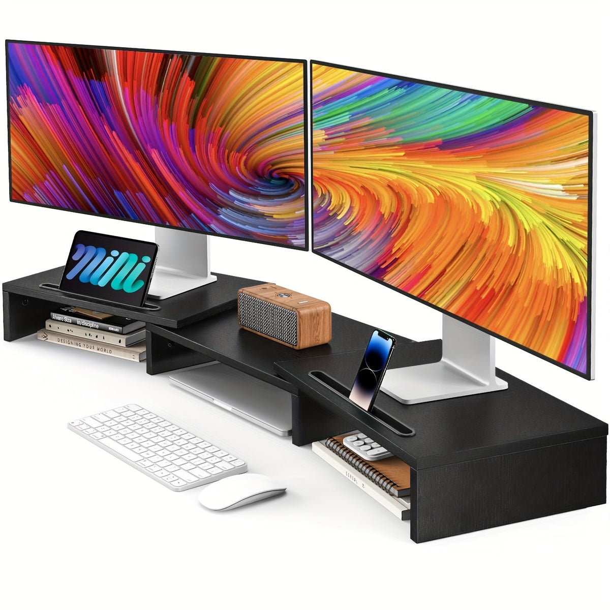 Support Double Moniteur Réglable avec Rangement (2 fentes)