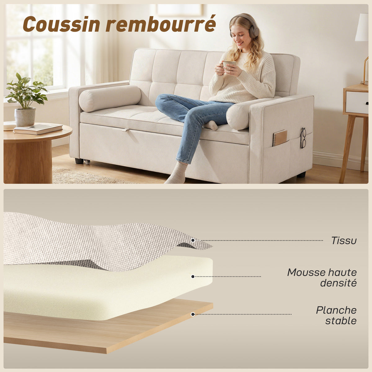 Canapé convertible 2 places 3 en 1 canapé-lit avec lit gigogne double dossier réglable 2 coussins 80,5x137,5x84cm beige