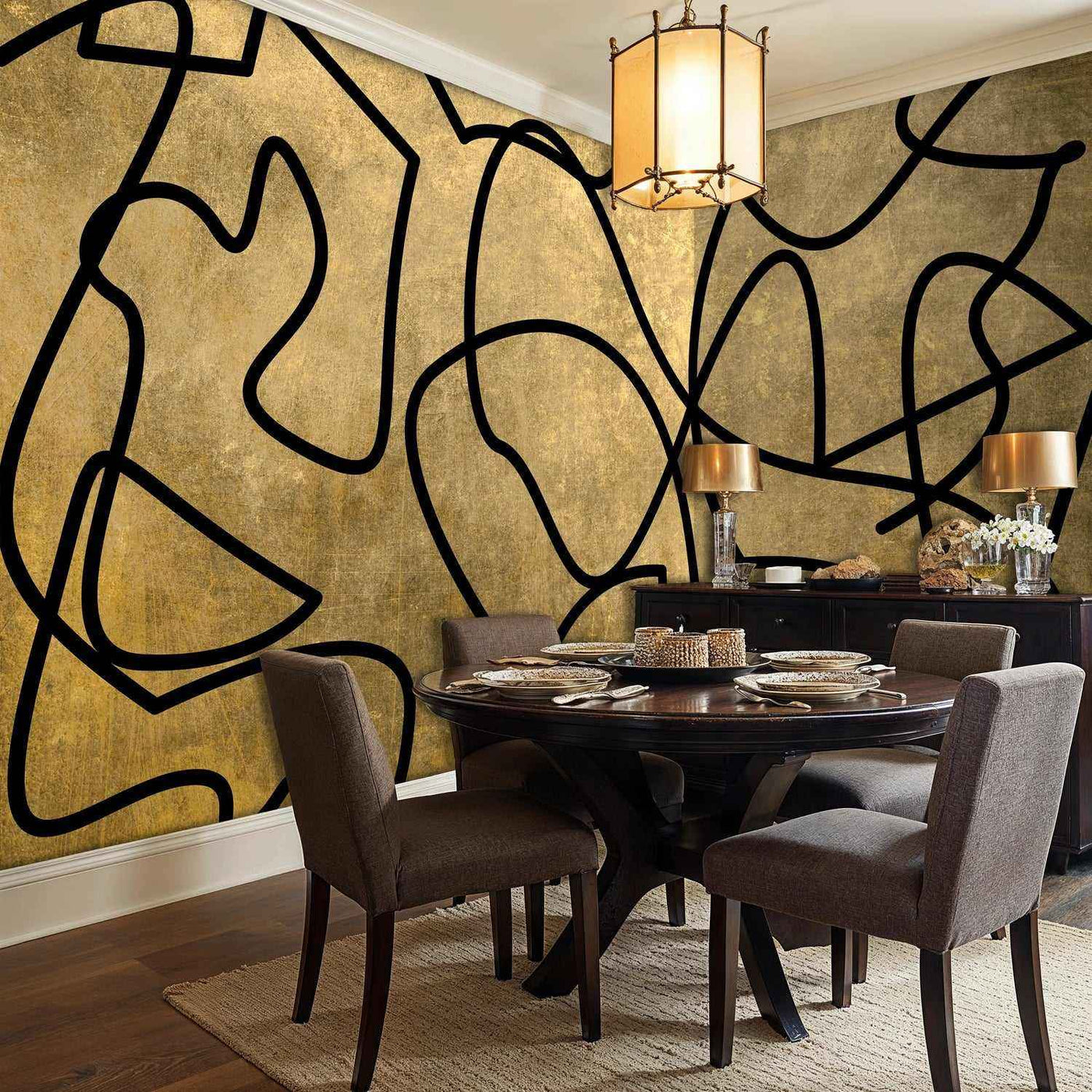Abstract Gold and Black Linework Wall Mural-1