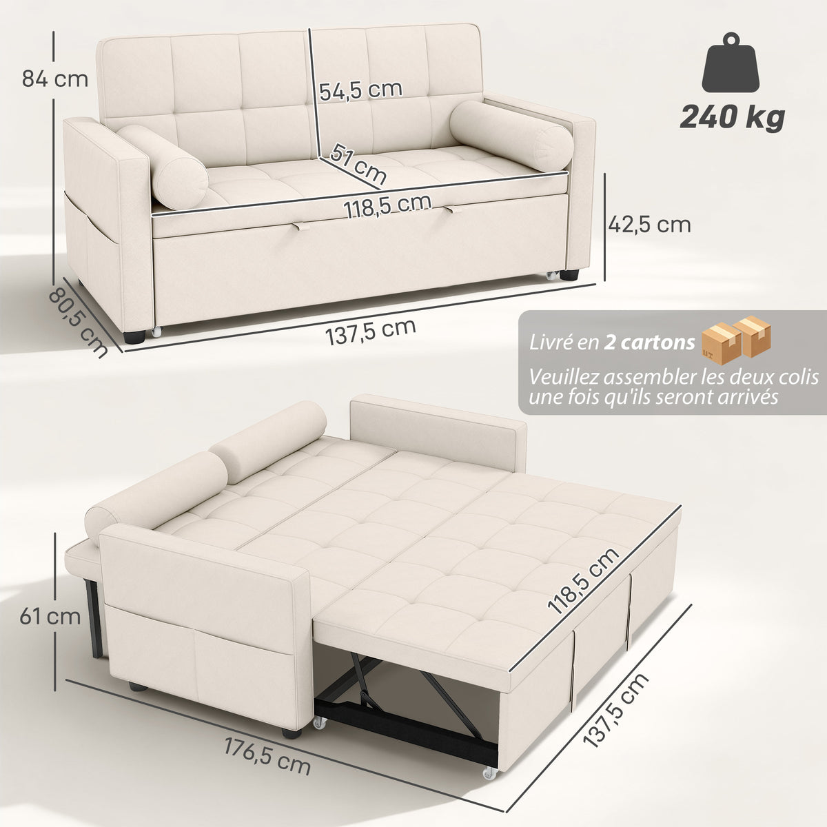 Canapé convertible 2 places 3 en 1 canapé-lit avec lit gigogne double dossier réglable 2 coussins 80,5x137,5x84cm beige