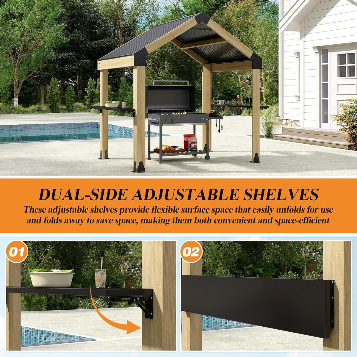 Tonnelle de barbecue d'extérieur avec toit rigide 2,3x1,7 m