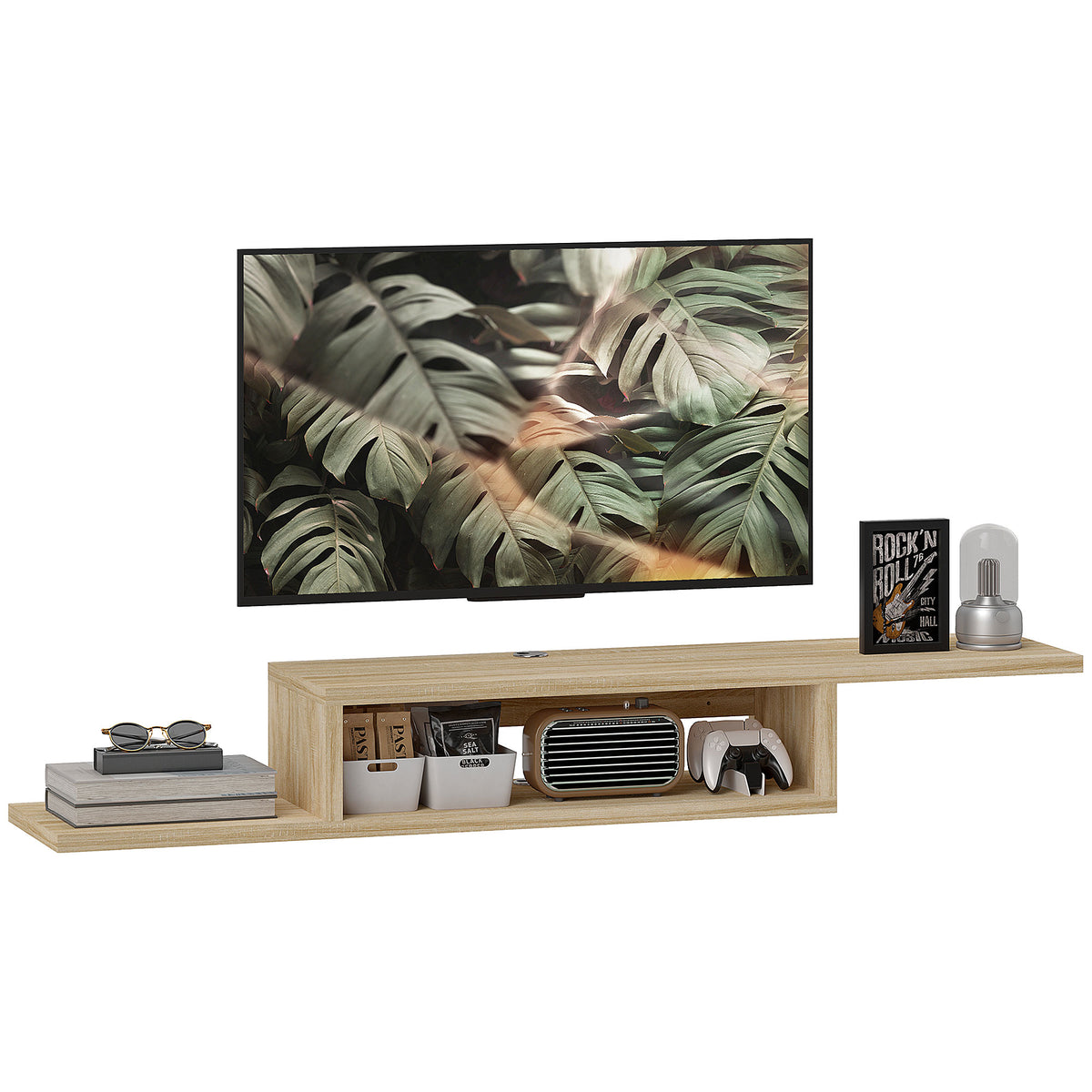 Móvel TV de parede flutuante suspenso suporte TV - prateleira de parede flutuante - nicho, passa-cabos - carvalho claro