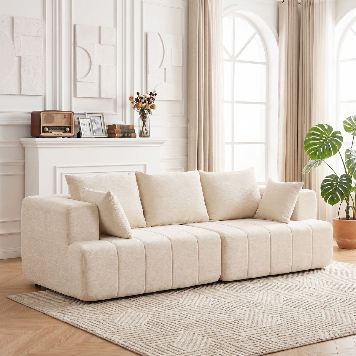 Canapé 3 places en chenille 248 cm, canapé salon moderne, large assise rembourrée, coussins à ressorts, beige