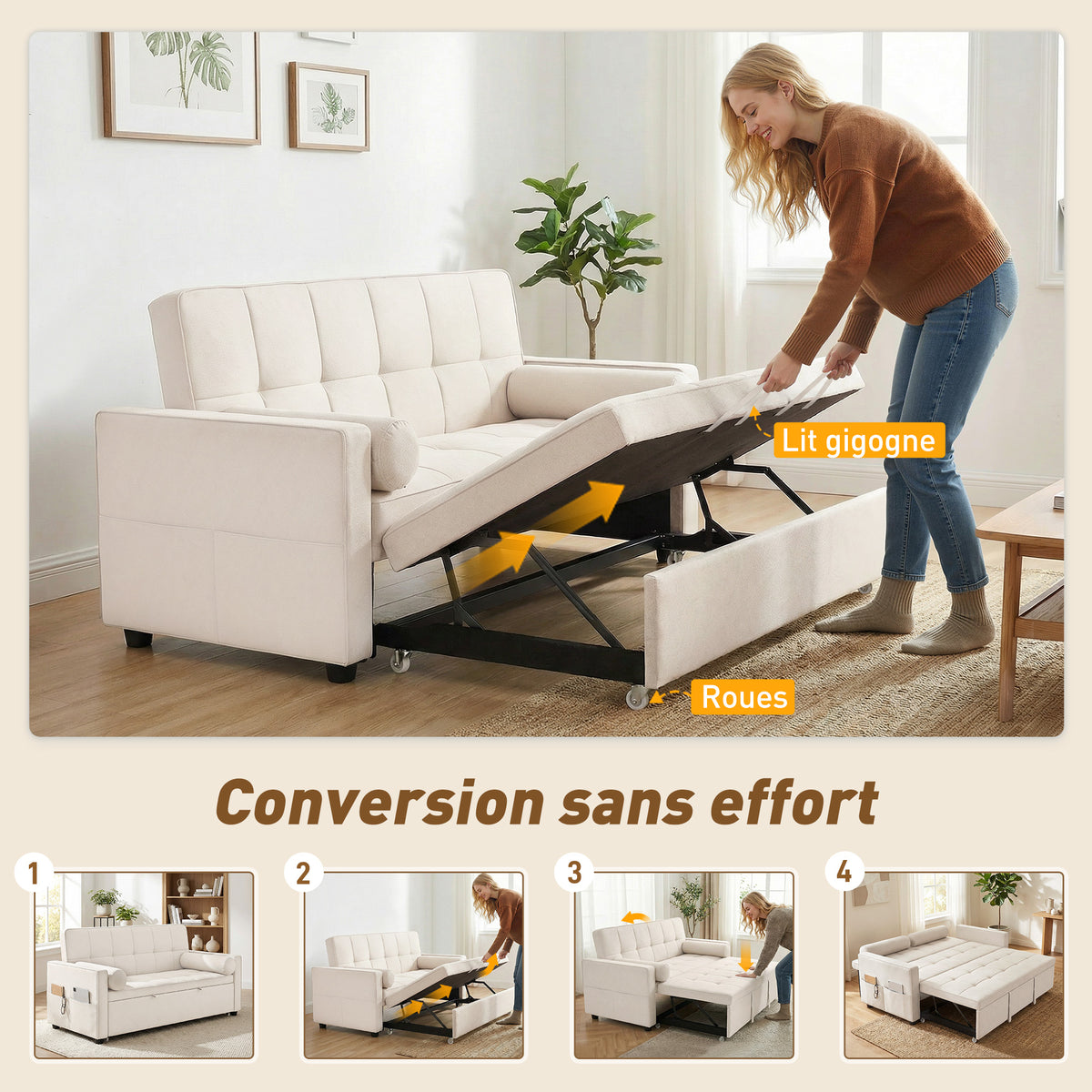 Canapé convertible 2 places 3 en 1 canapé-lit avec lit gigogne double dossier réglable 2 coussins 80,5x137,5x84cm beige