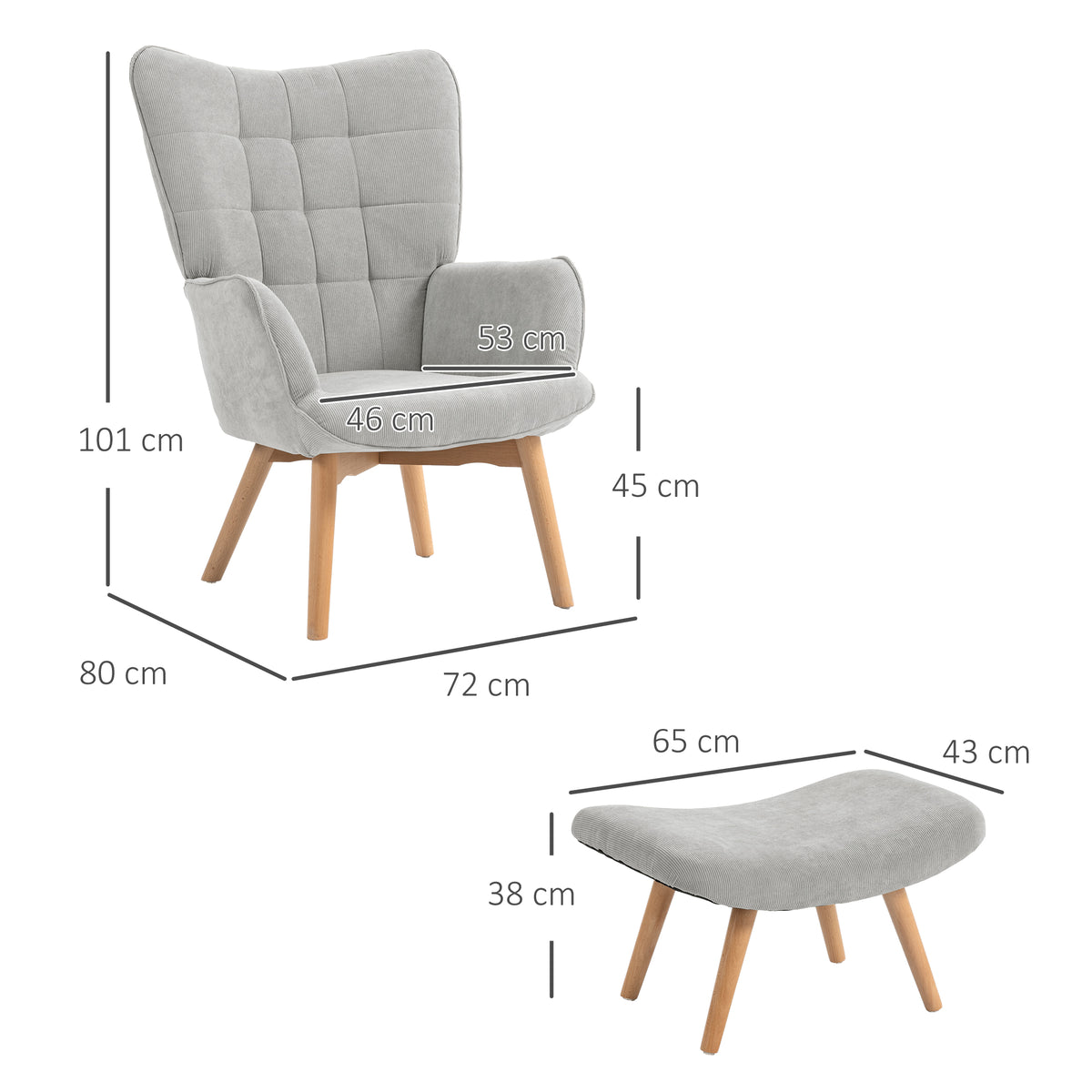 Fauteuil avec repose-pieds, dossier haut, pieds en bois et tissu aspect velours côtelé, pour salon chambre à coucher gris