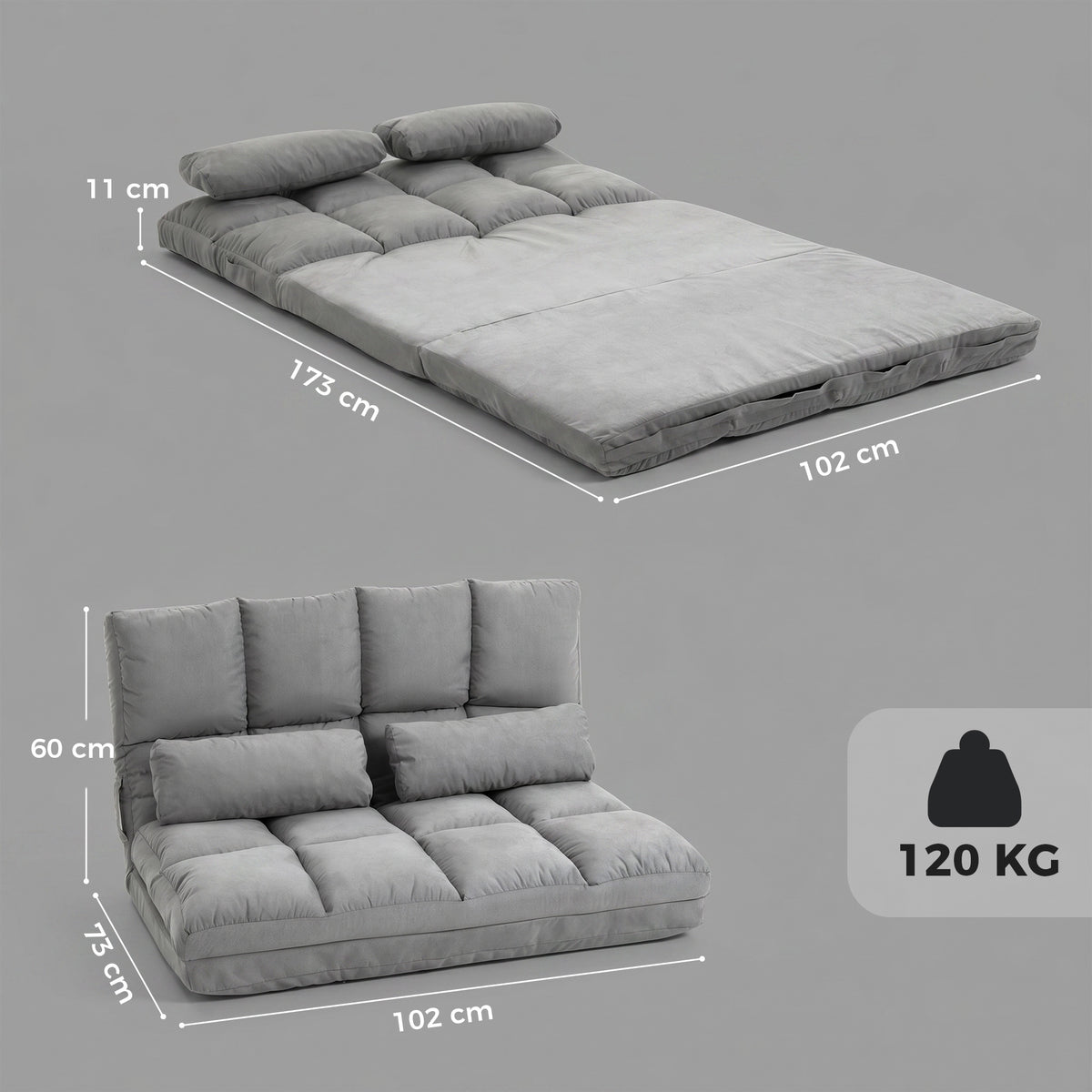 Chauffeuse 2 places canapé-lit convertible fauteuil de sol pliable dossier réglable 2 coussins inclus en polyester aspect daim, pour salon, chambre et bureau, gris