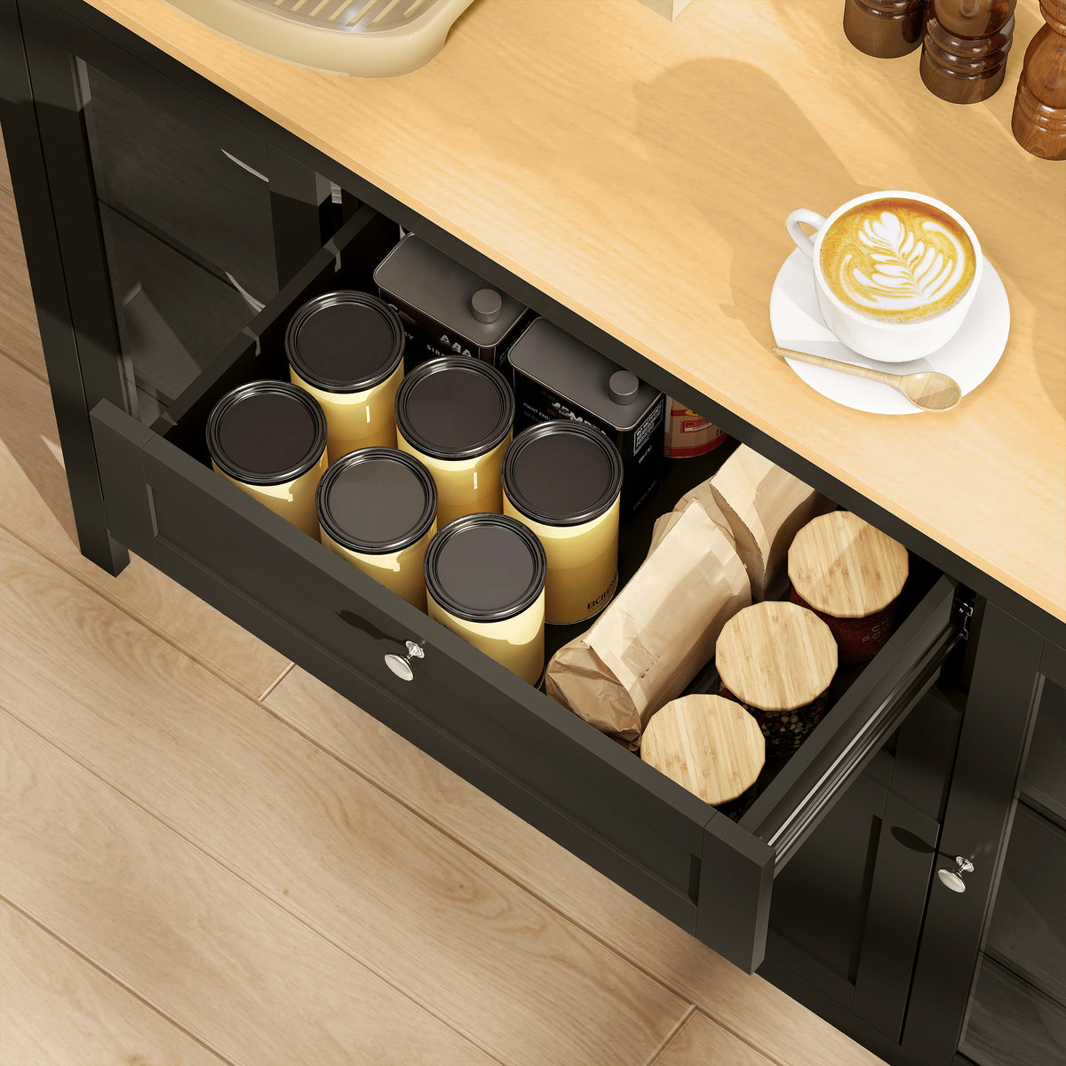 Buffet meuble de rangement 1 placard double porte 2 placards à porte vitrée 2 tiroirs étagère réglable 120x40x90cm noir