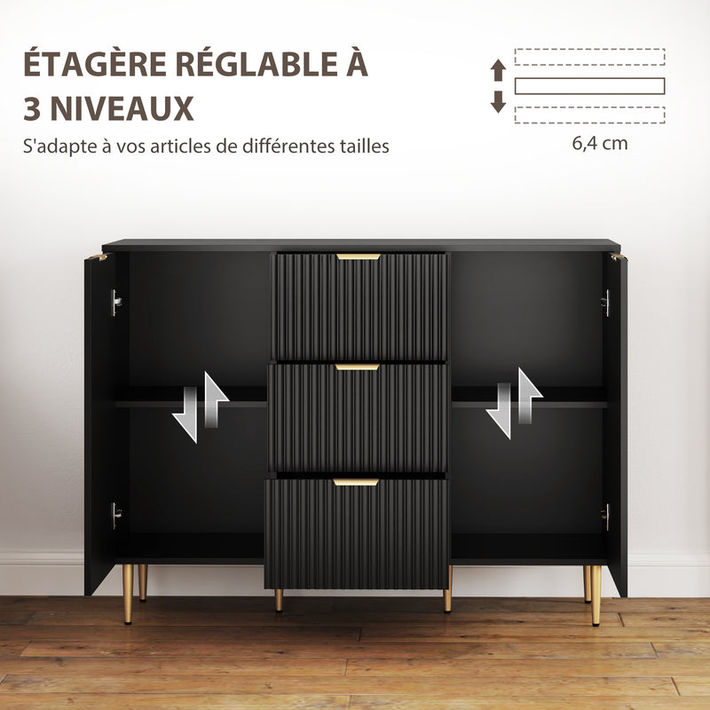 Buffet meuble cuisine rangement avec 3 tiroirs, étagères réglables, placards à portes cannelées, 120 x 40 x 90 cm, noir