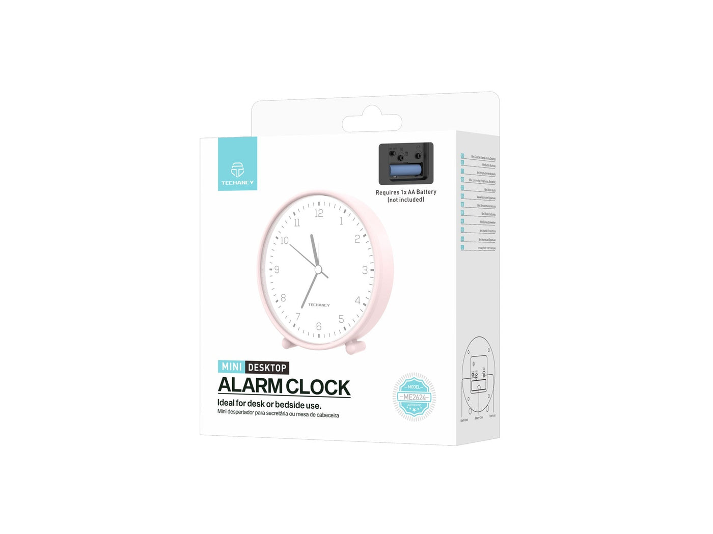 Techancy Mini despertador de mesa ME2624 silencioso números grandes espelho HD corpo ABS portátil para quarto e secretária cor rosa