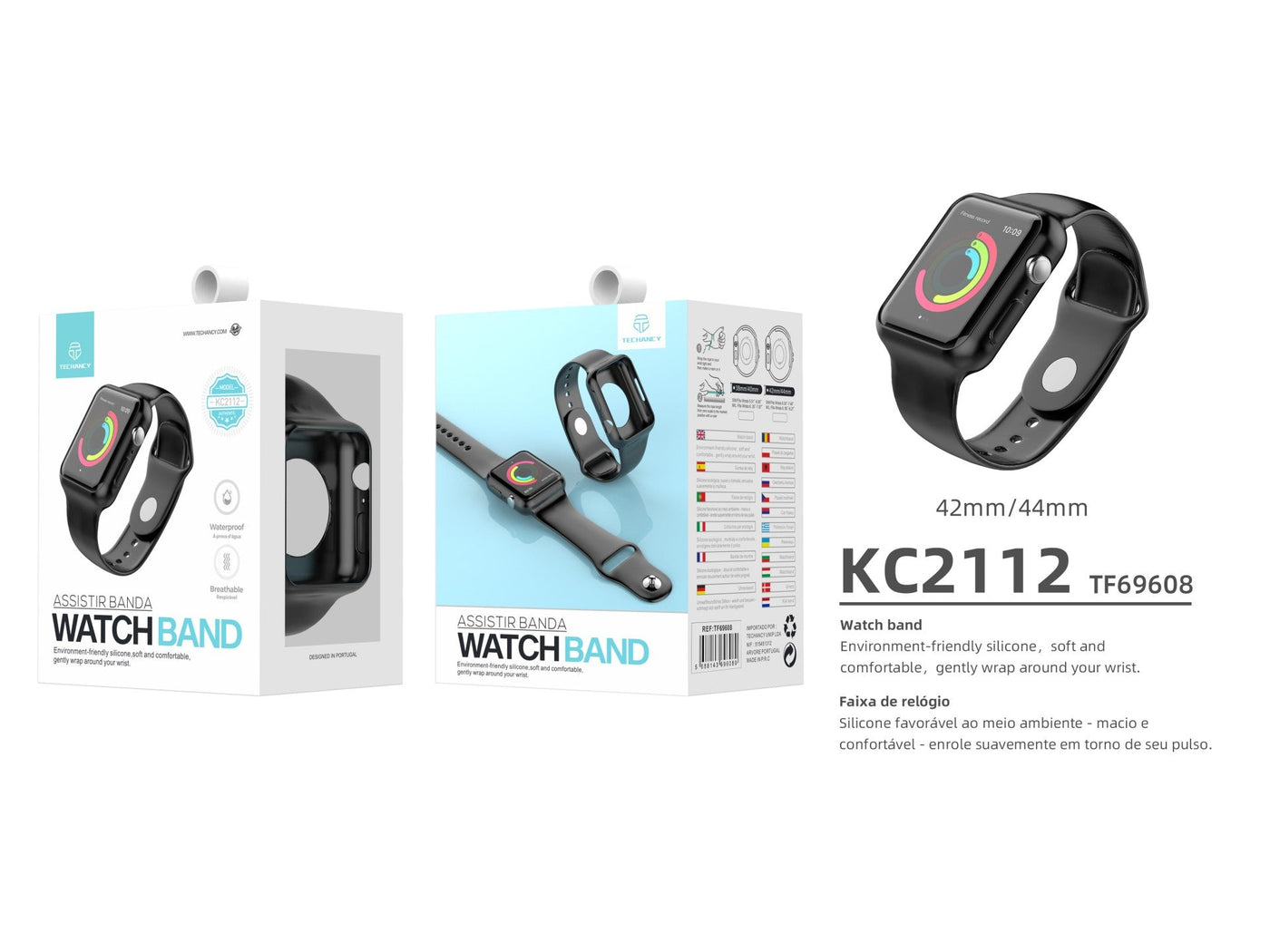 Pulseira totalmente adesiva para relógio Techancy, KC2112, compatível com Apple Watch 42-44 mm, Preto