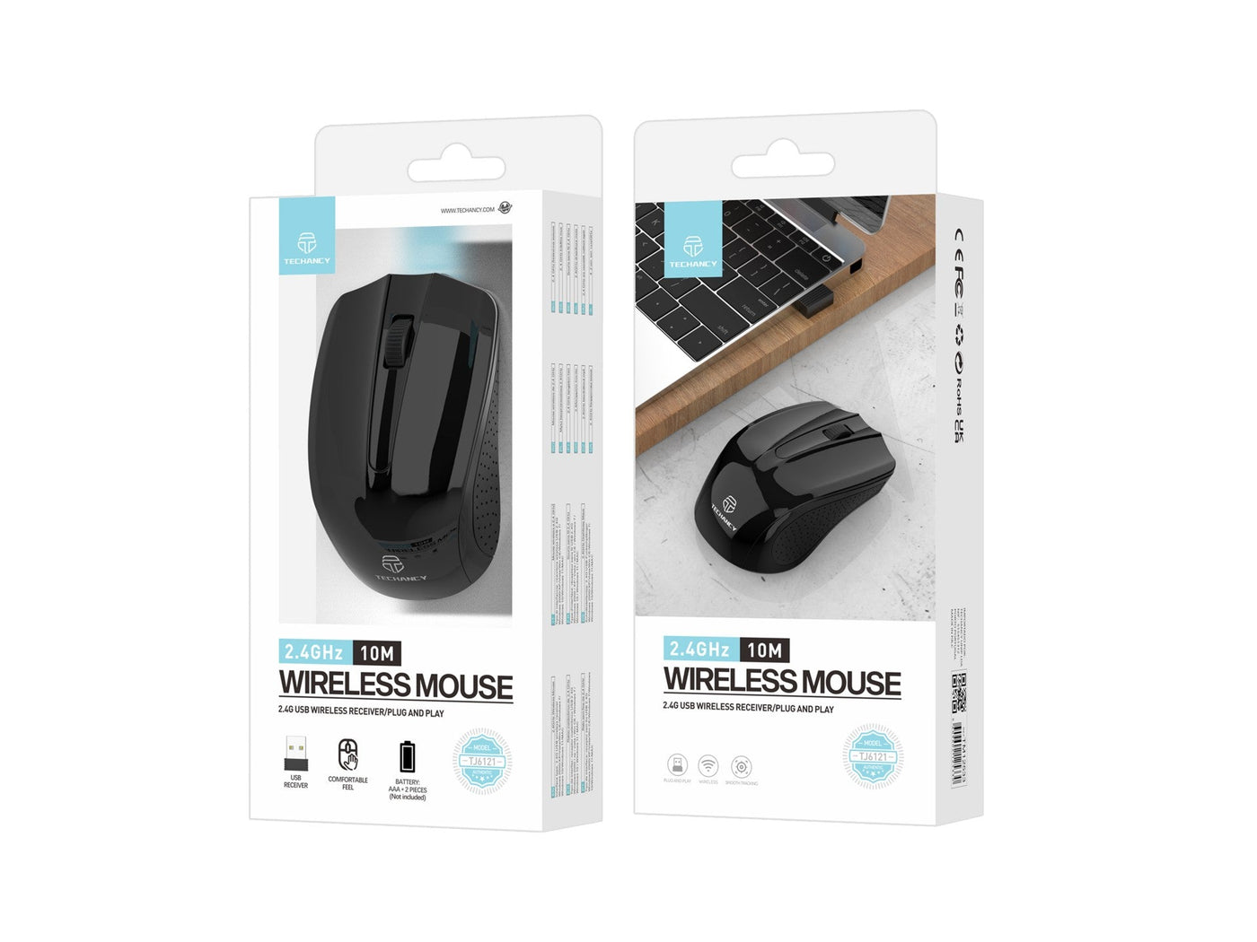 Techancy Rato Sem Fios 2.4g Preto TJ6121, Distância Sem Fios De 10 M, Plug And Play, Compatível Com Pc/Mac, Design Ergonómico-1