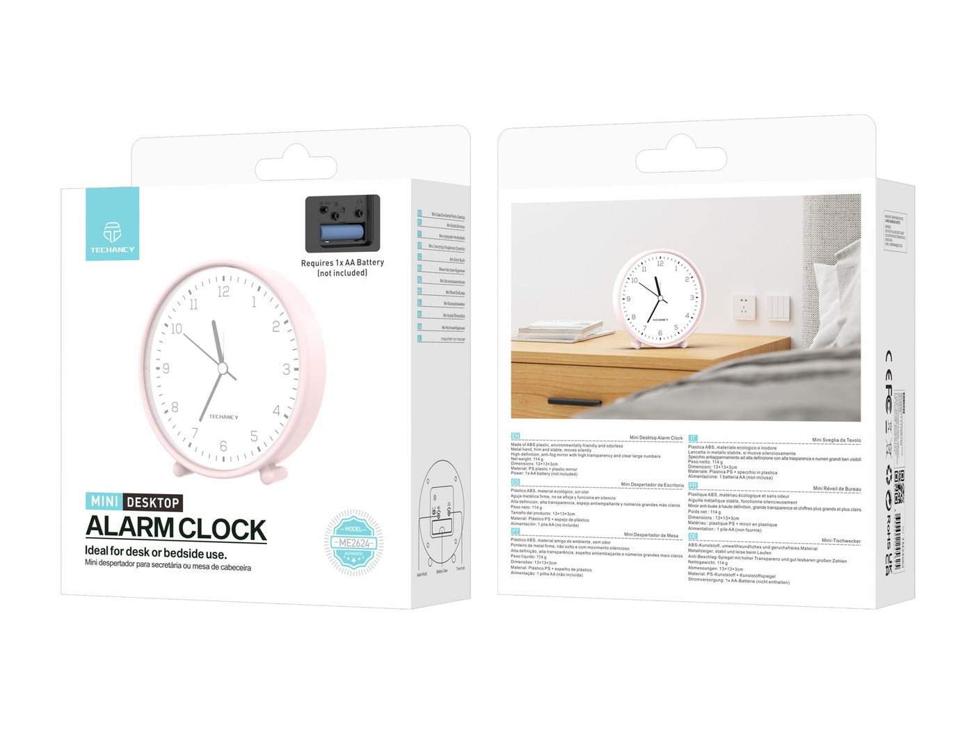 Techancy Mini despertador de mesa ME2624 silencioso números grandes espelho HD corpo ABS portátil para quarto e secretária cor rosa