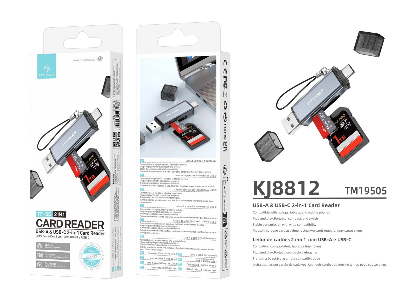 Techancy Leitor de Cartoes KJ8812 USB-A + USB-C 2 em 1 para Cartoes TF SD Plug and Play Compativel com Telemovel Tablet PC Cinza