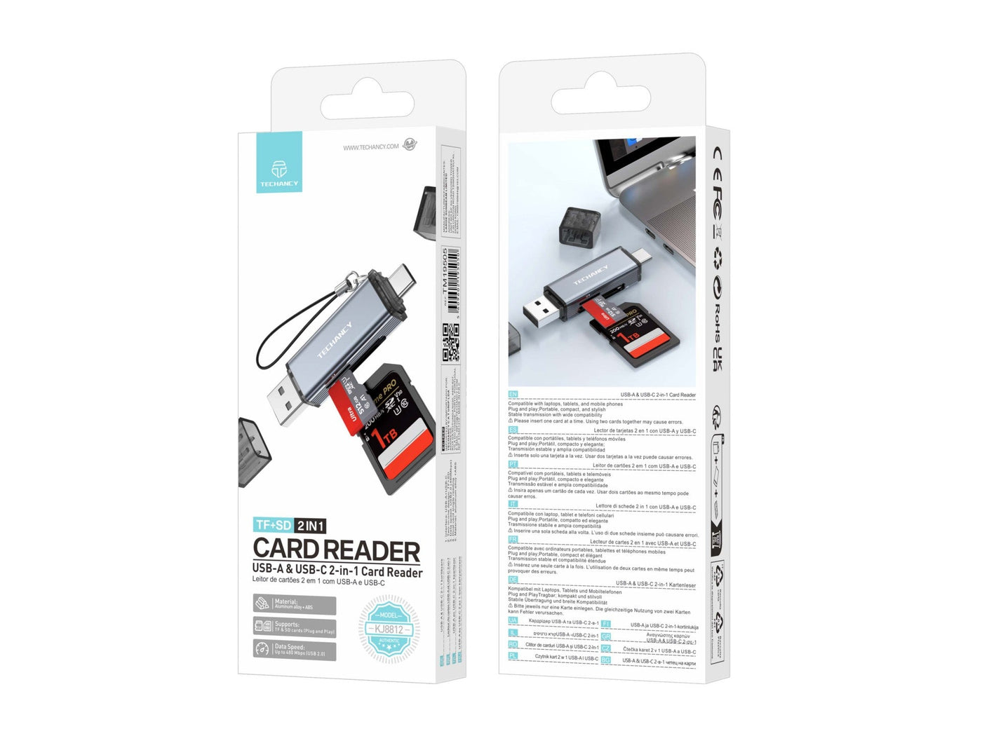 Techancy Leitor de Cartoes KJ8812 USB-A + USB-C 2 em 1 para Cartoes TF SD Plug and Play Compativel com Telemovel Tablet PC Cinza