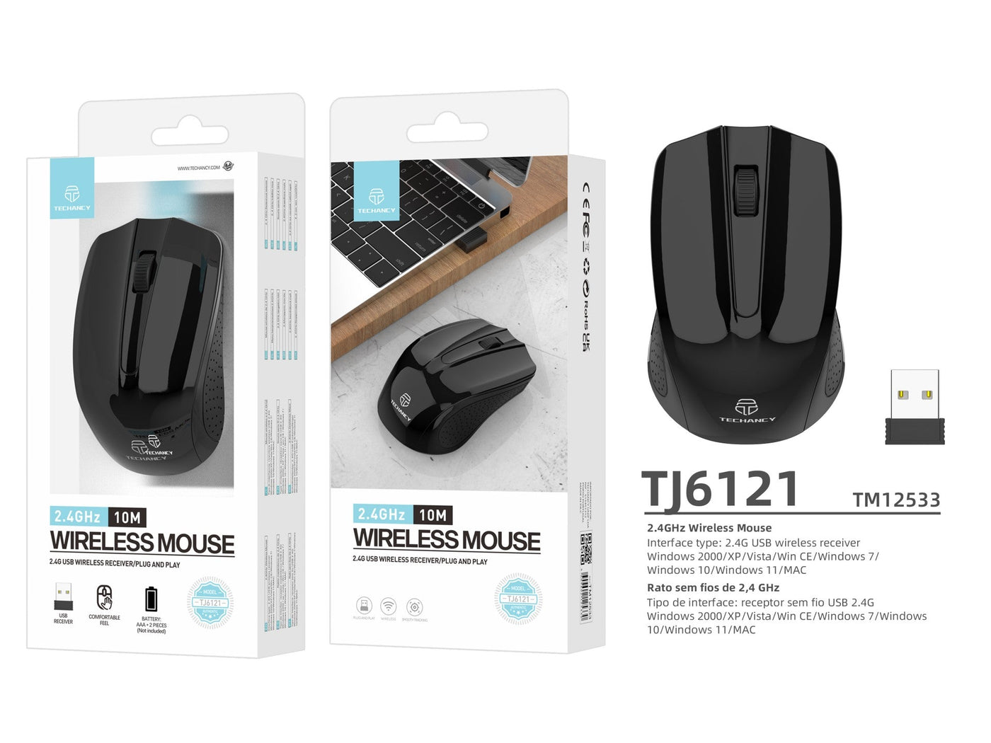 Techancy Rato Sem Fios 2.4g Preto TJ6121, Distância Sem Fios De 10 M, Plug And Play, Compatível Com Pc/Mac, Design Ergonómico-2