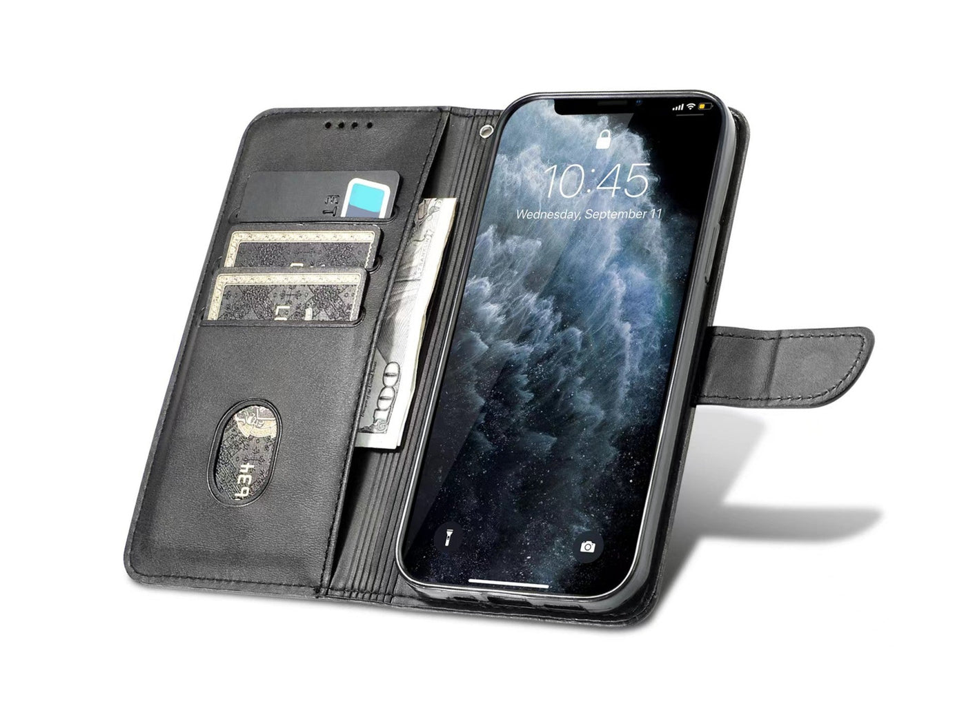 Capa flip em couro para telemóvel com 3 ranhuras para cartões, KX5600, função suporte e proteção contra quedas, compatível com iPhone 7/8/Se2, Preto