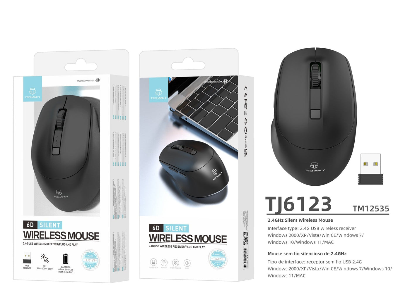 Techancy Rato Sem Fios 2.4g Preto TJ6123, Dpi Ajustável (800-1600) 6d Botões Silenciosos, Compatível Com Pc/Mac