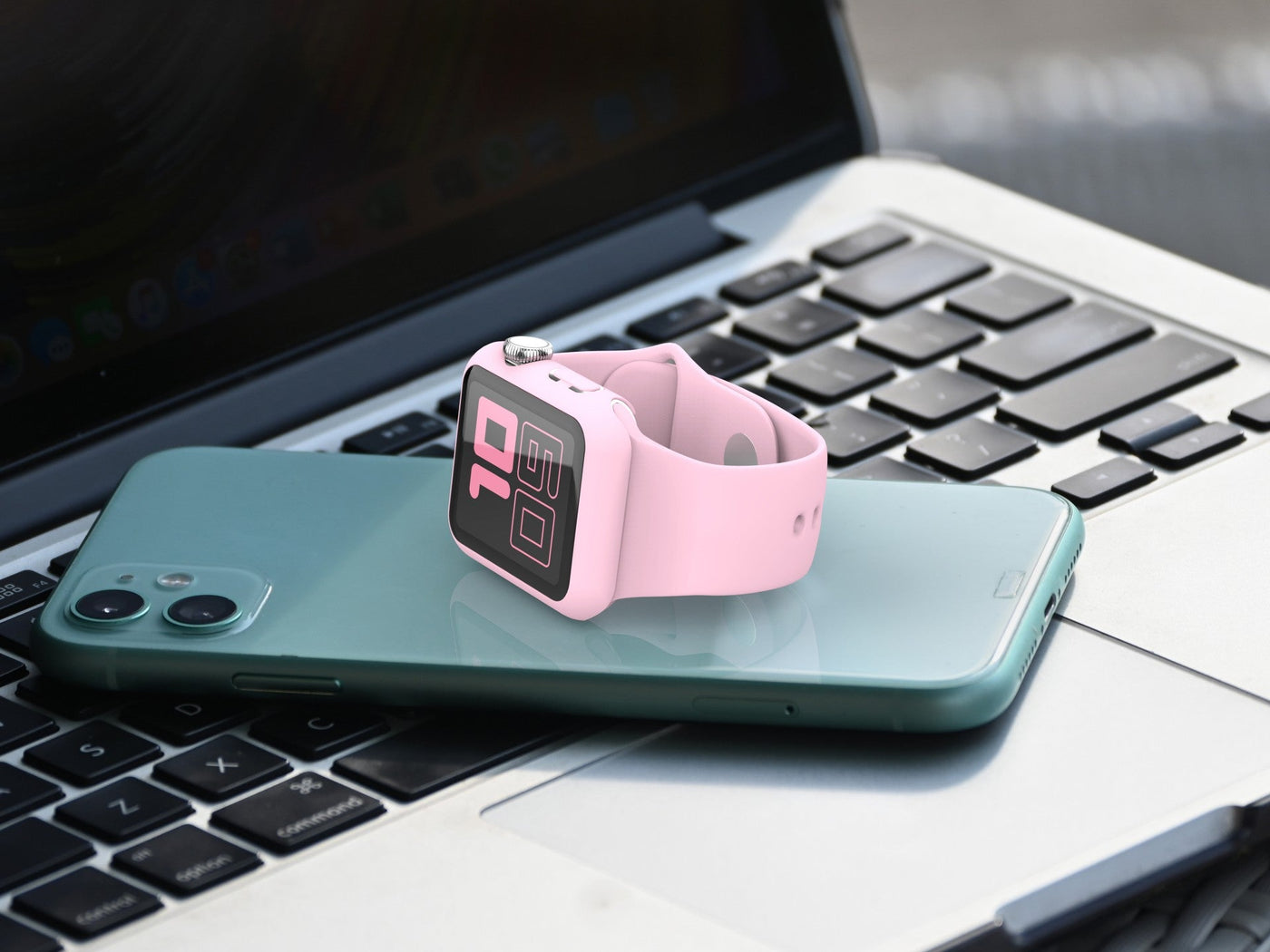 Pulseira de silicone para relógio Techancy, KC2115, com protetor de ecrã, compatível com Apple Watch 42 mm, rosa