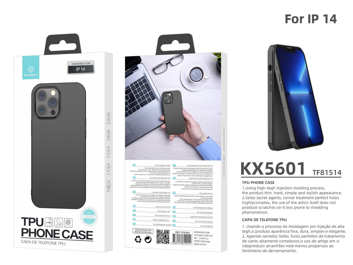 Capa para telemóvel Techancy New TPU em preto, KX5601, com proteção para a lente da câmara, compatível com iPhone 14