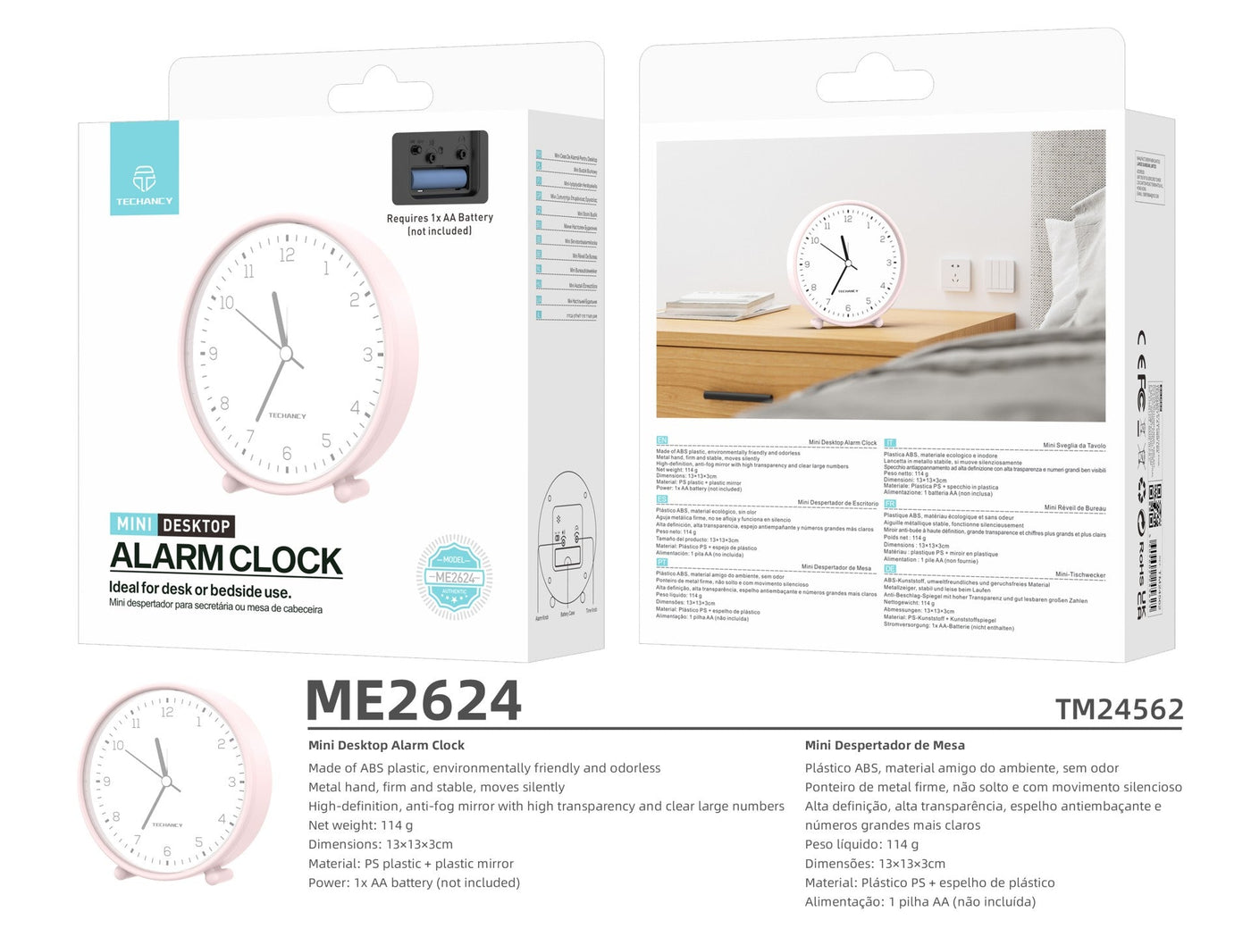 Techancy Mini despertador de mesa ME2624 silencioso números grandes espelho HD corpo ABS portátil para quarto e secretária cor rosa