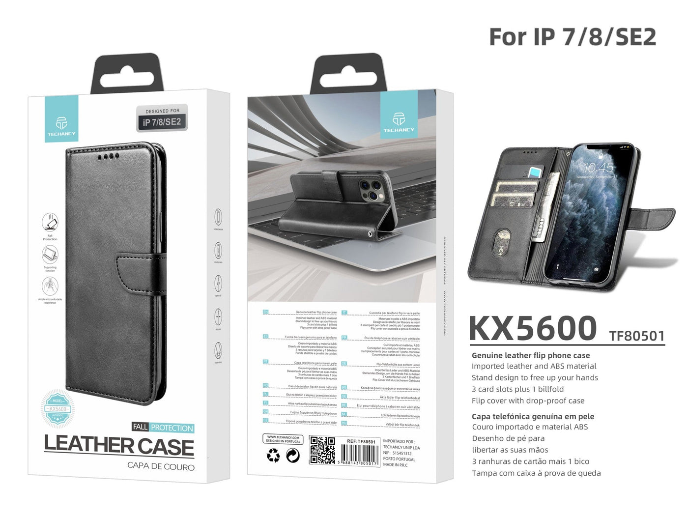 Capa flip em couro para telemóvel com 3 ranhuras para cartões, KX5600, função suporte e proteção contra quedas, compatível com iPhone 7/8/Se2, Preto