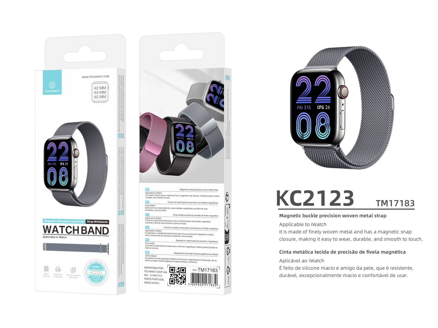 Techancy Faixa Metálica Magnética Cinzenta KC2123, Faixa De Substituição, Compatível Com Apple Watch Series: 42mm/44mm/45mm，