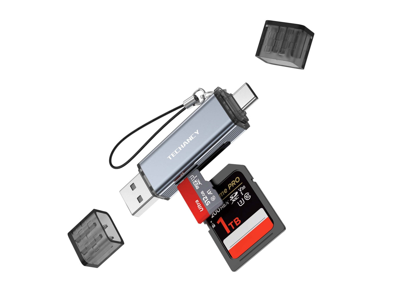 Techancy Leitor de Cartoes KJ8812 USB-A + USB-C 2 em 1 para Cartoes TF SD Plug and Play Compativel com Telemovel Tablet PC Cinza