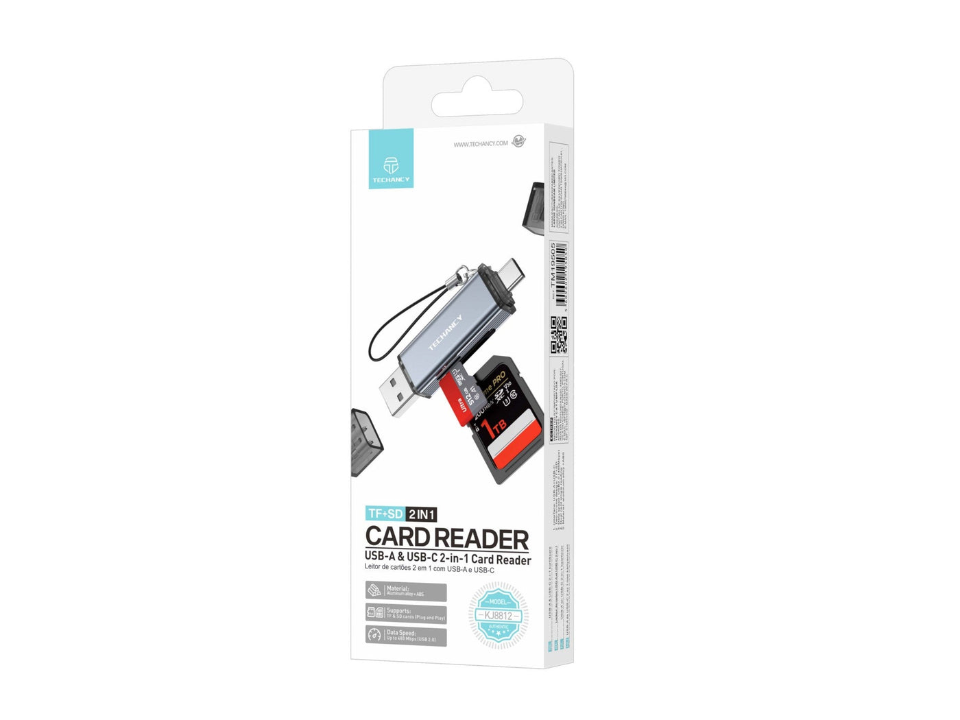 Techancy Leitor de Cartoes KJ8812 USB-A + USB-C 2 em 1 para Cartoes TF SD Plug and Play Compativel com Telemovel Tablet PC Cinza