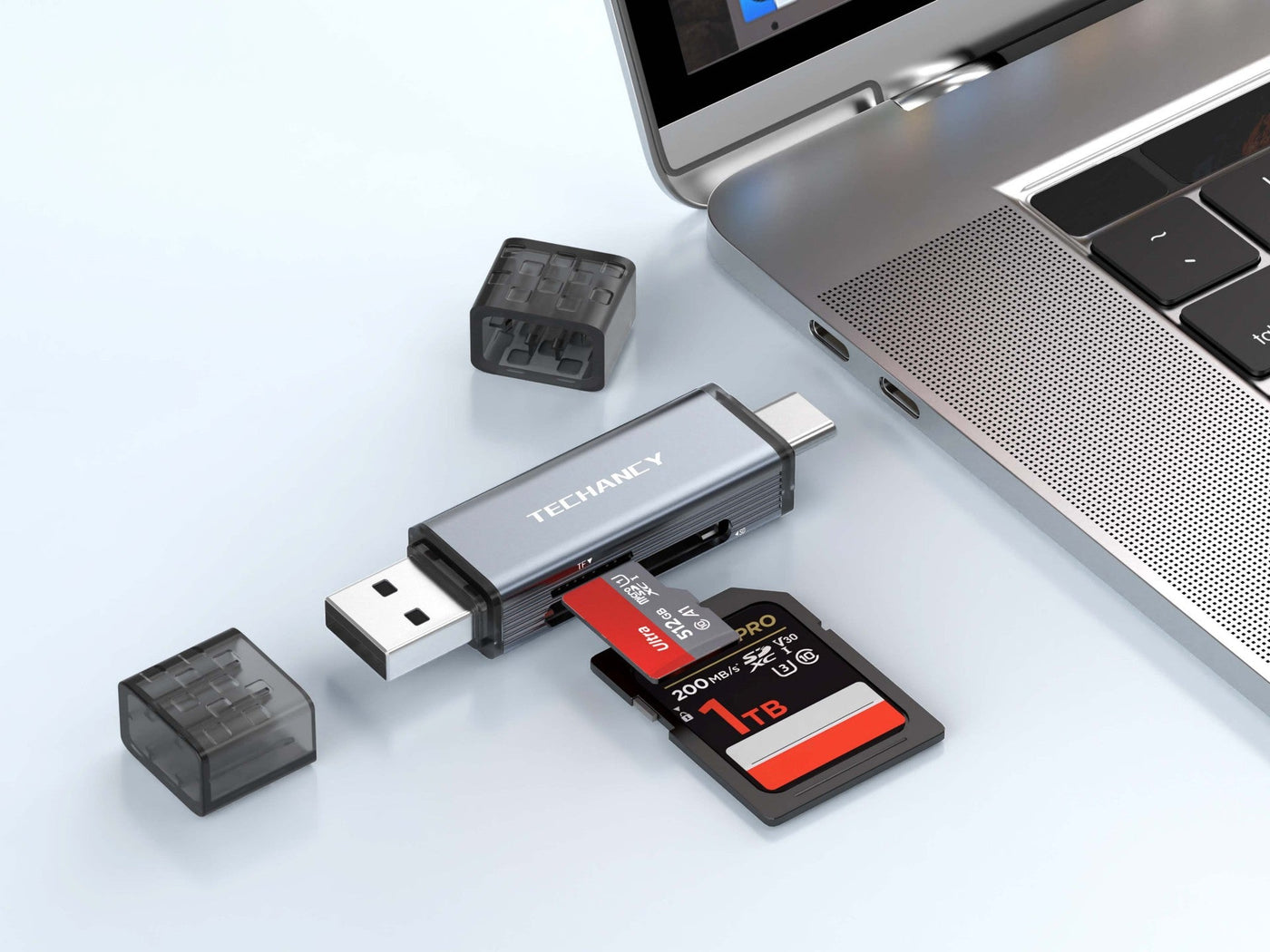 Techancy Leitor de Cartoes KJ8812 USB-A + USB-C 2 em 1 para Cartoes TF SD Plug and Play Compativel com Telemovel Tablet PC Cinza