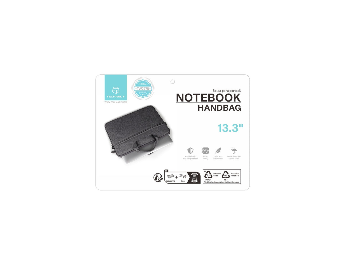 Mala para computador portátil Techancy TW2778, Preto, 13,3 polegadas, alça ajustável
