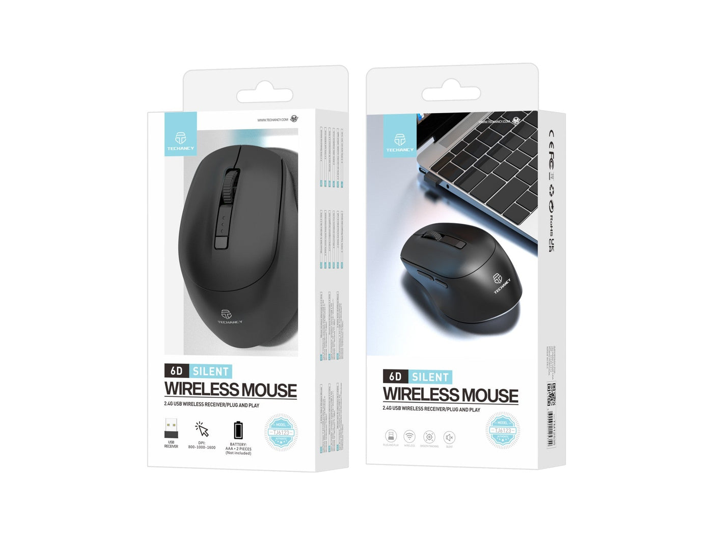Techancy Rato Sem Fios 2.4g Preto TJ6123, Dpi Ajustável (800-1600) 6d Botões Silenciosos, Compatível Com Pc/Mac