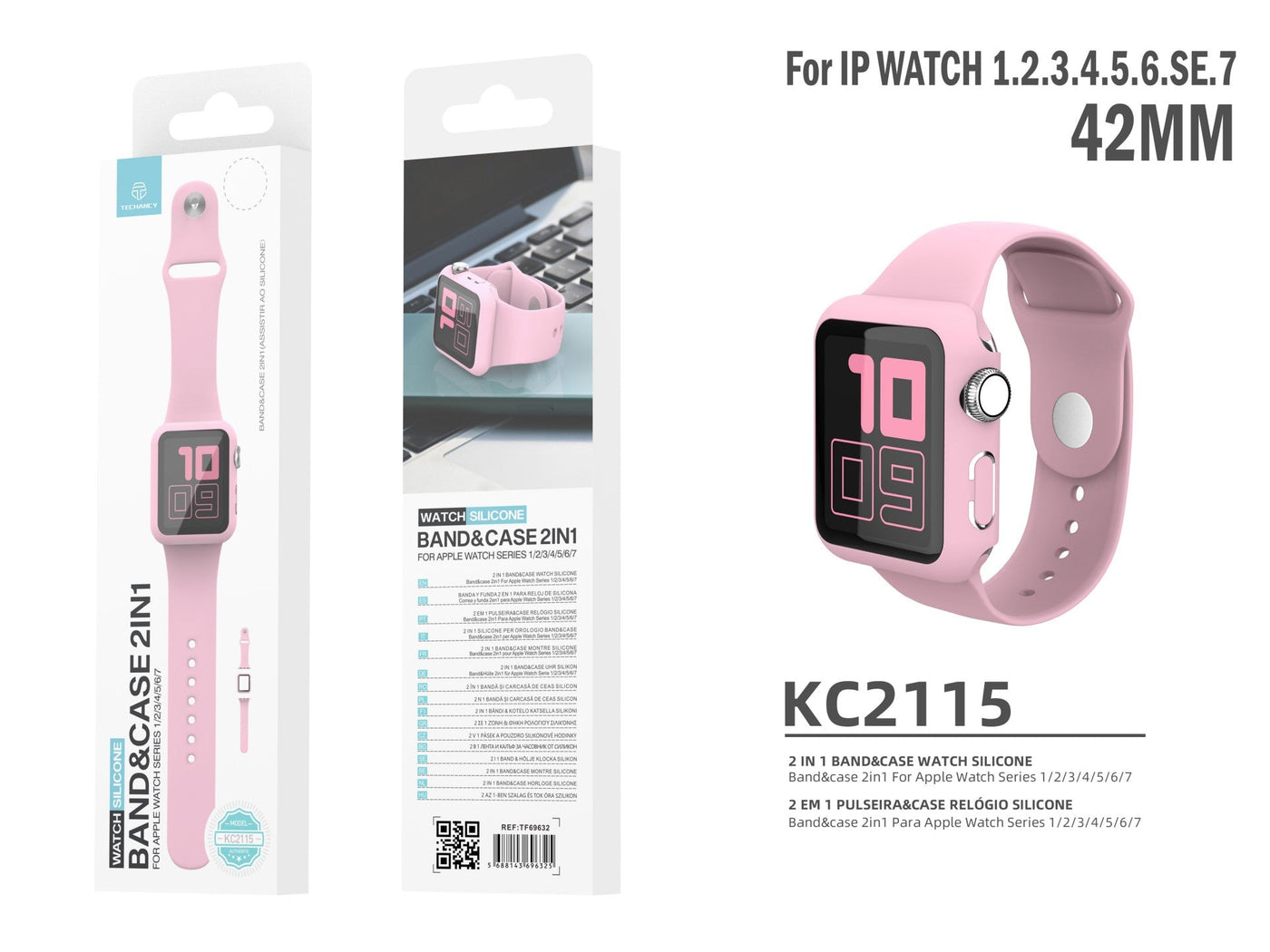 Pulseira de silicone para relógio Techancy, KC2115, com protetor de ecrã, compatível com Apple Watch 42 mm, rosa