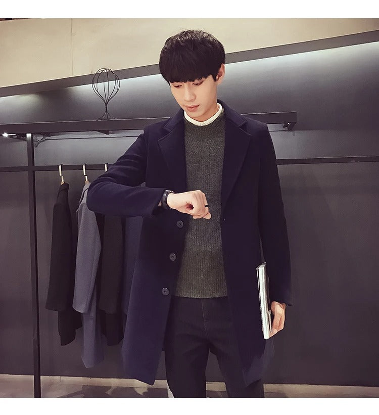 Men's Cotton Wool Blend Long Windbreaker Coat (Black Navy)