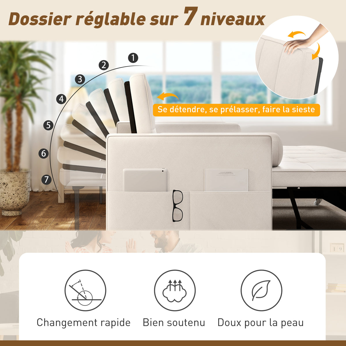 Canapé convertible 2 places 3 en 1 canapé-lit avec lit gigogne double dossier réglable 2 coussins 80,5x137,5x84cm beige