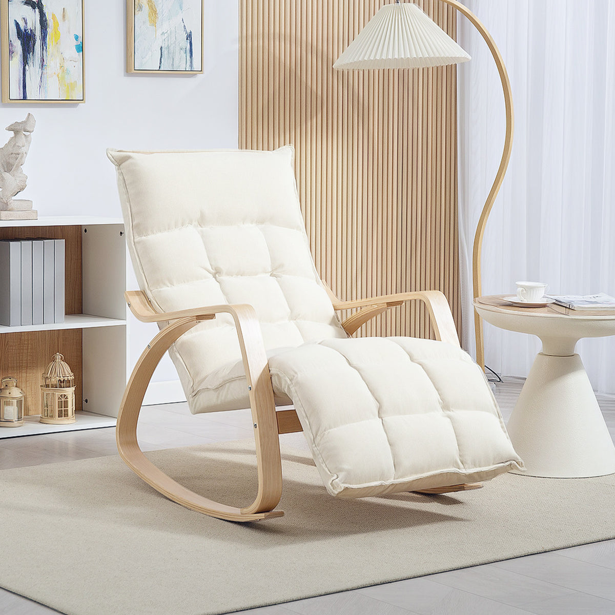 Fauteuil à bascule avec repose-pieds ajustable, rocking chair avec pieds en bois de bouleau, 67 x 106-123 x 92 cm, crème