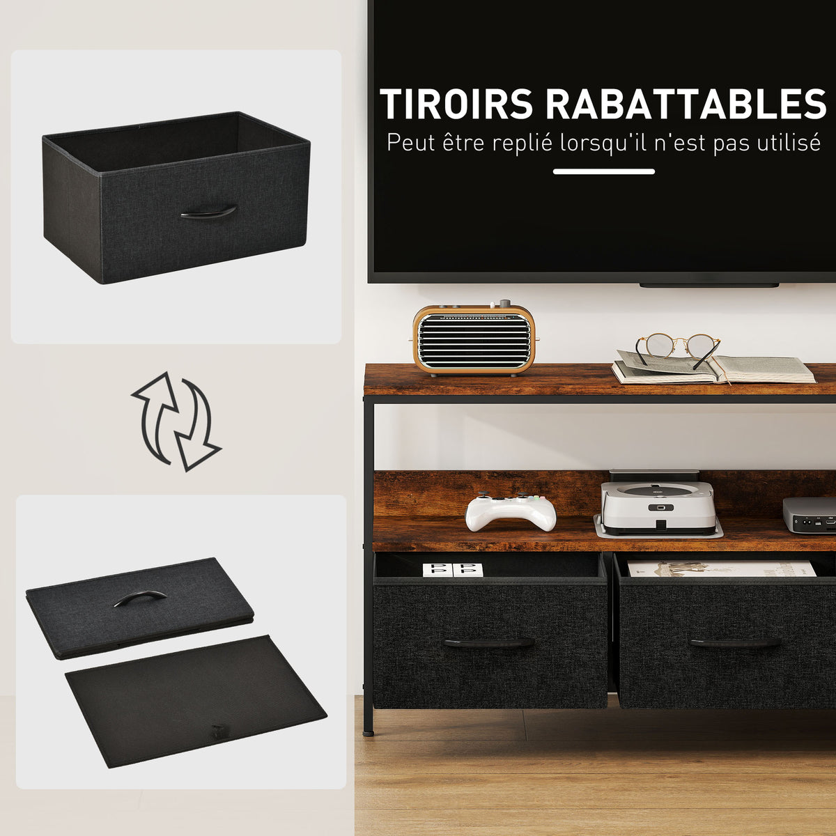 Meuble TV, meuble TV pour téléviseur jusqu'à 55 pouces avec 3 tiroirs et pieds en acier 120 x 29 x 56 cm brun rustique