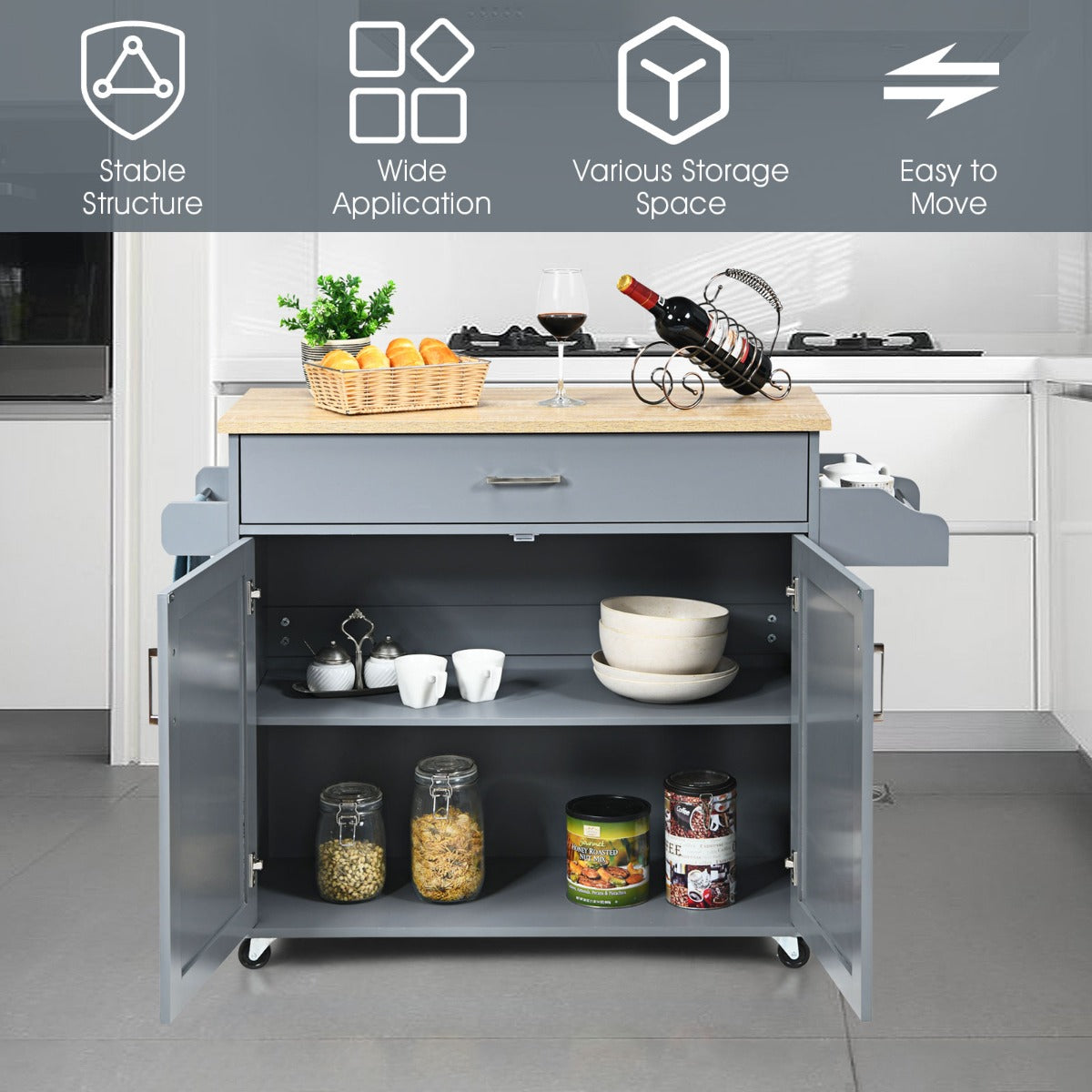 NNECW Chariot de cuisine îlot avec roulettes en caoutchouc verrouillables pour cuisine - Gris