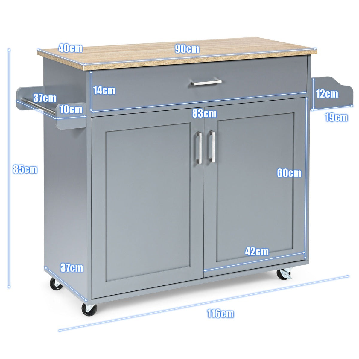 NNECW Chariot de cuisine îlot avec roulettes en caoutchouc verrouillables pour cuisine - Gris