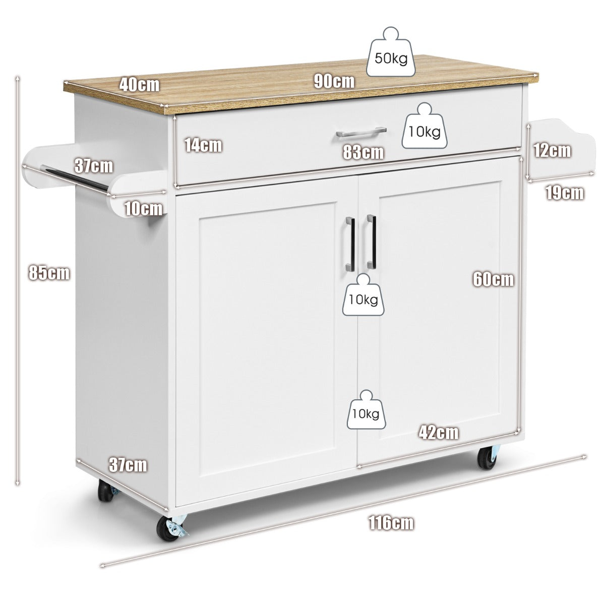 Îlot de cuisine portable NNECW avec roulettes en caoutchouc verrouillables pour la cuisine