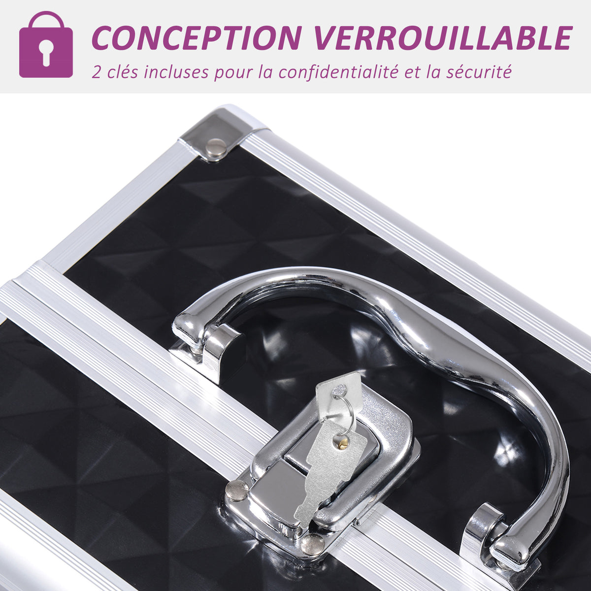 Mallette de maquillage de rangement à 3 niveaux avec miroir, verrouillable avec 2 clés, dim. 20L x 15l x 15H cm noir