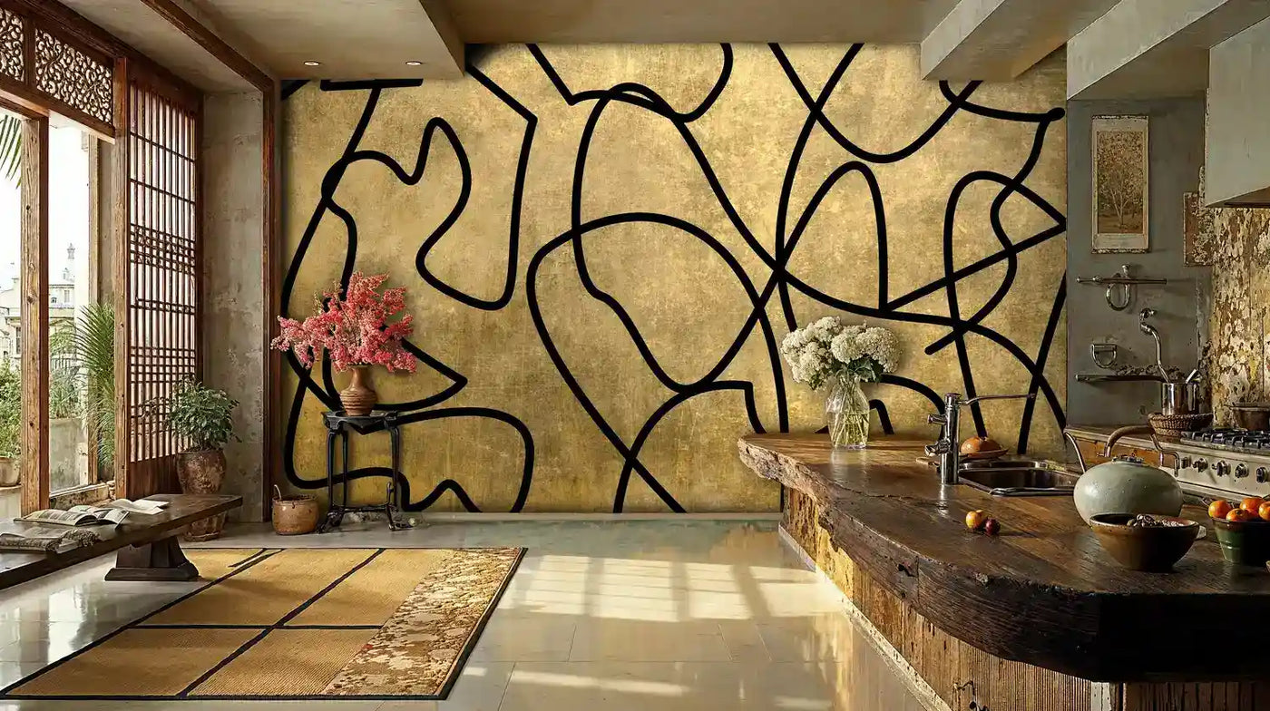 Abstract Gold and Black Linework Wall Mural-3