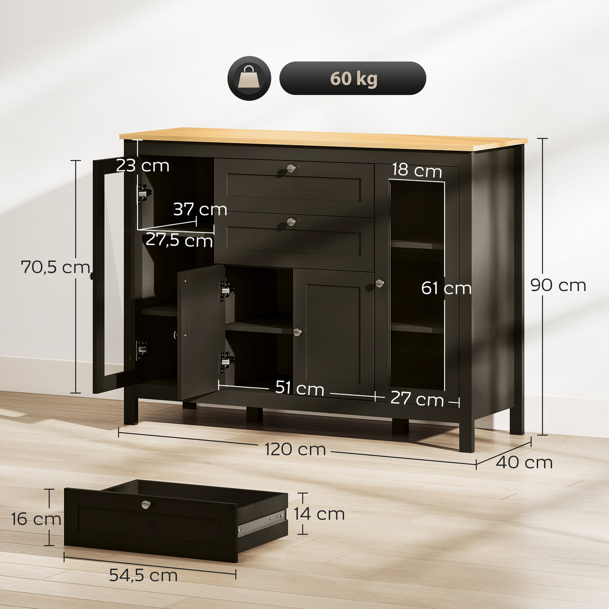 Buffet meuble de rangement 1 placard double porte 2 placards à porte vitrée 2 tiroirs étagère réglable 120x40x90cm noir