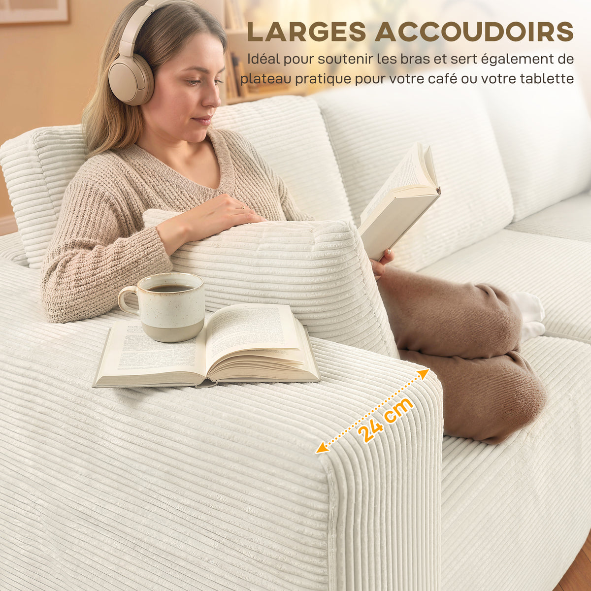 Canapé d'angle modulable 2 en 1, 267cm, canapé-lit 3 places en velours côtelé, assise et accoudoirs larges, crème