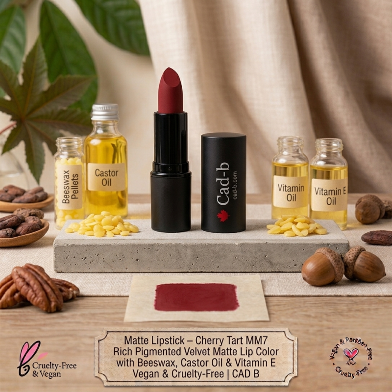 Matte Lipstick – Cherry Tart MM7 | Rich Pigmented Velvet Matte Lip Color with Beeswax, Castor Oil & Vitamin E | Vegan & Cruelty-Free | CAD B