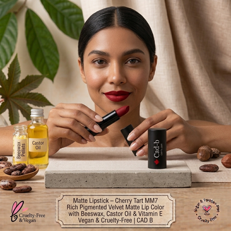 Matte Lipstick – Cherry Tart MM7 | Rich Pigmented Velvet Matte Lip Color with Beeswax, Castor Oil & Vitamin E | Vegan & Cruelty-Free | CAD B