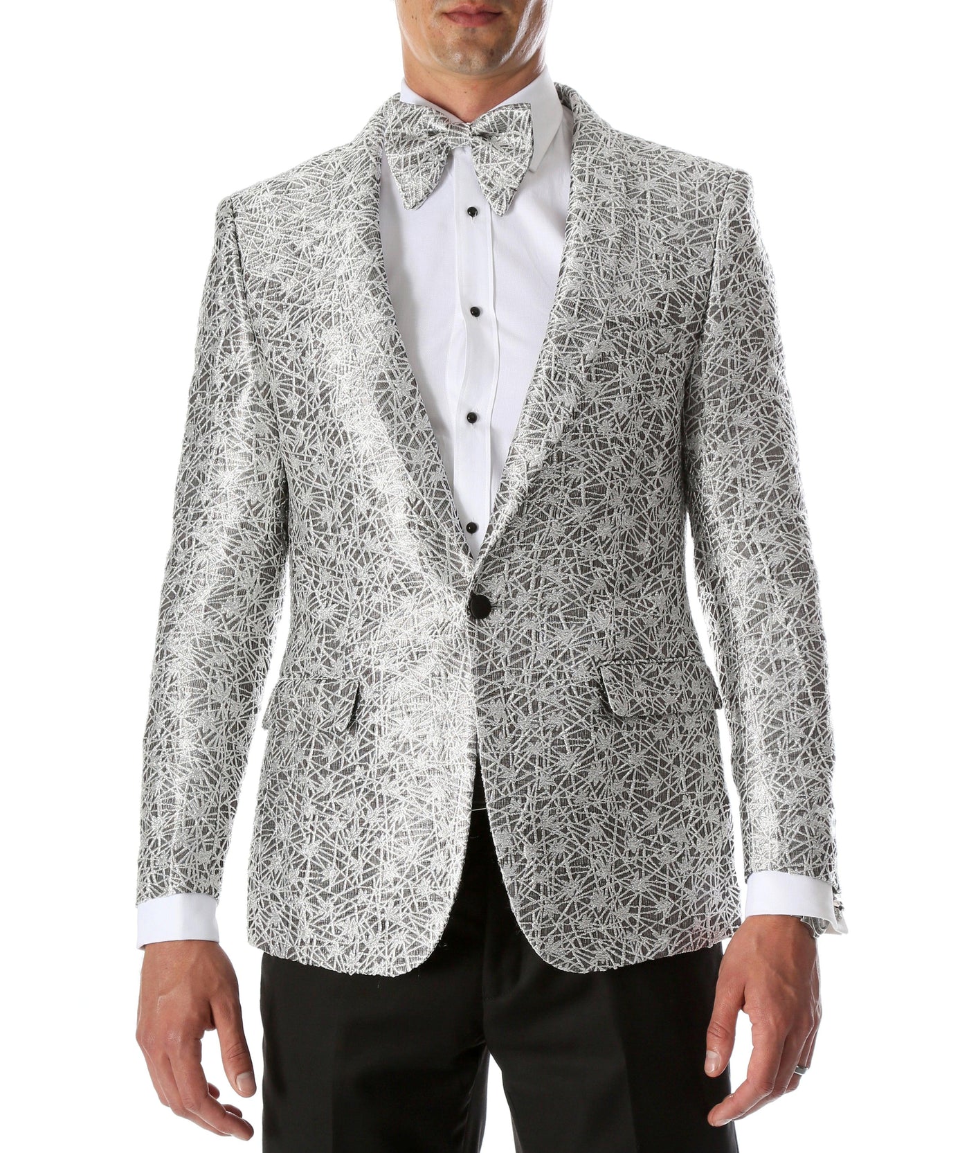 Men's Rene Abstract Silver Modern Fit Shawl Collar Tuxedo Blazer - Young Man’s Prom Wear-1