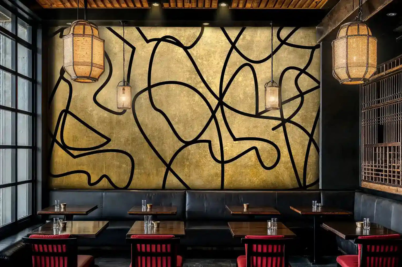 Abstract Gold and Black Linework Wall Mural-2